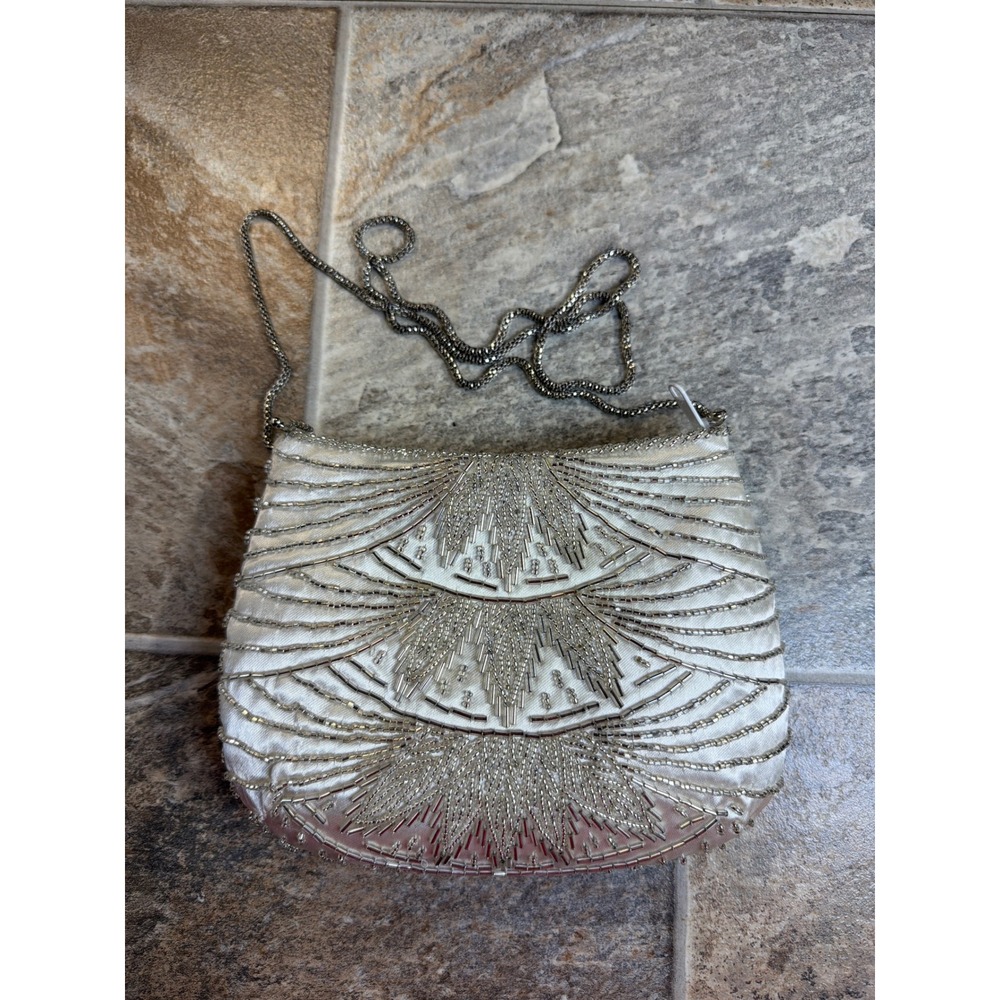Sparkling Silver Beaded Evening Clutch Chain Strap‎ Bag